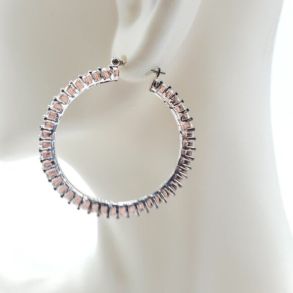 Silver Tone Clear Rhinestone Hoop Bling Earrings 1.75 Inches Vintage - Picture 3 of 5